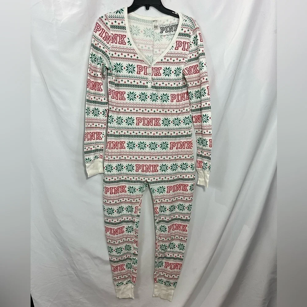 Pink Victoria's Secret Christmas onesie pajamas size L